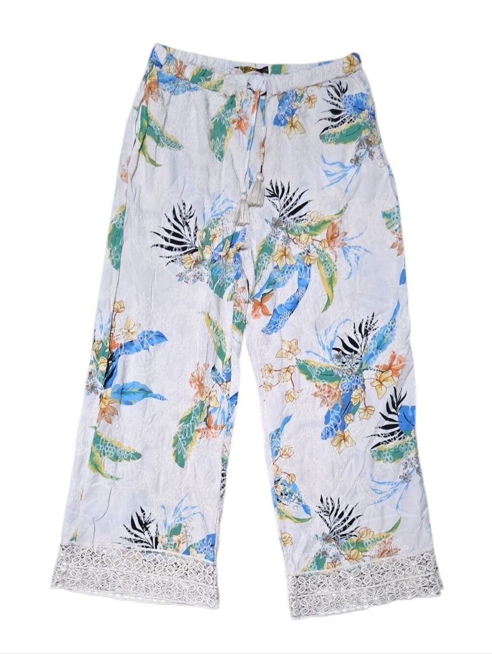 Spiaggia Dolce Floral Print Wide-Leg Crop Pants Drawstring Lace Trim Medium